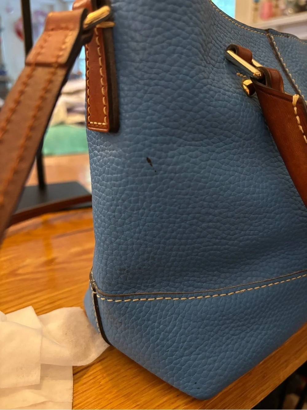 Dooney & Bourke Pebble Leather Satchel -Blue with  Brown Handles